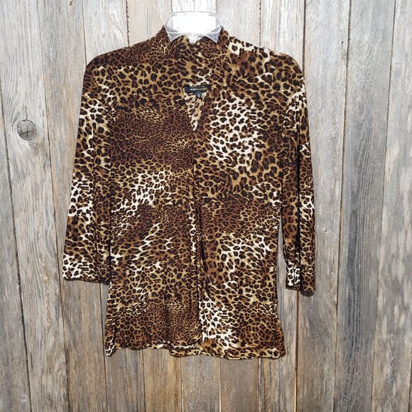 BDBGMAXAZRIA S Top Blouse Brown Black Animal Print Stretch V Neck 3/4 Sleeve - Picture 1 of 7